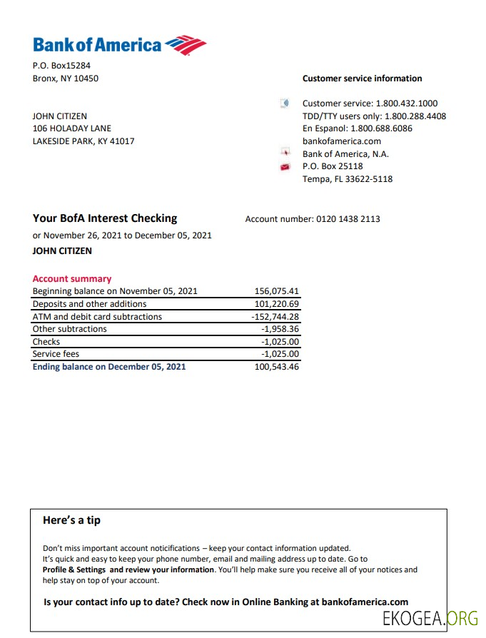 Modèle de relevé bancaire USA Bank of America facile à remplir au format de fichier .xls et .pdf